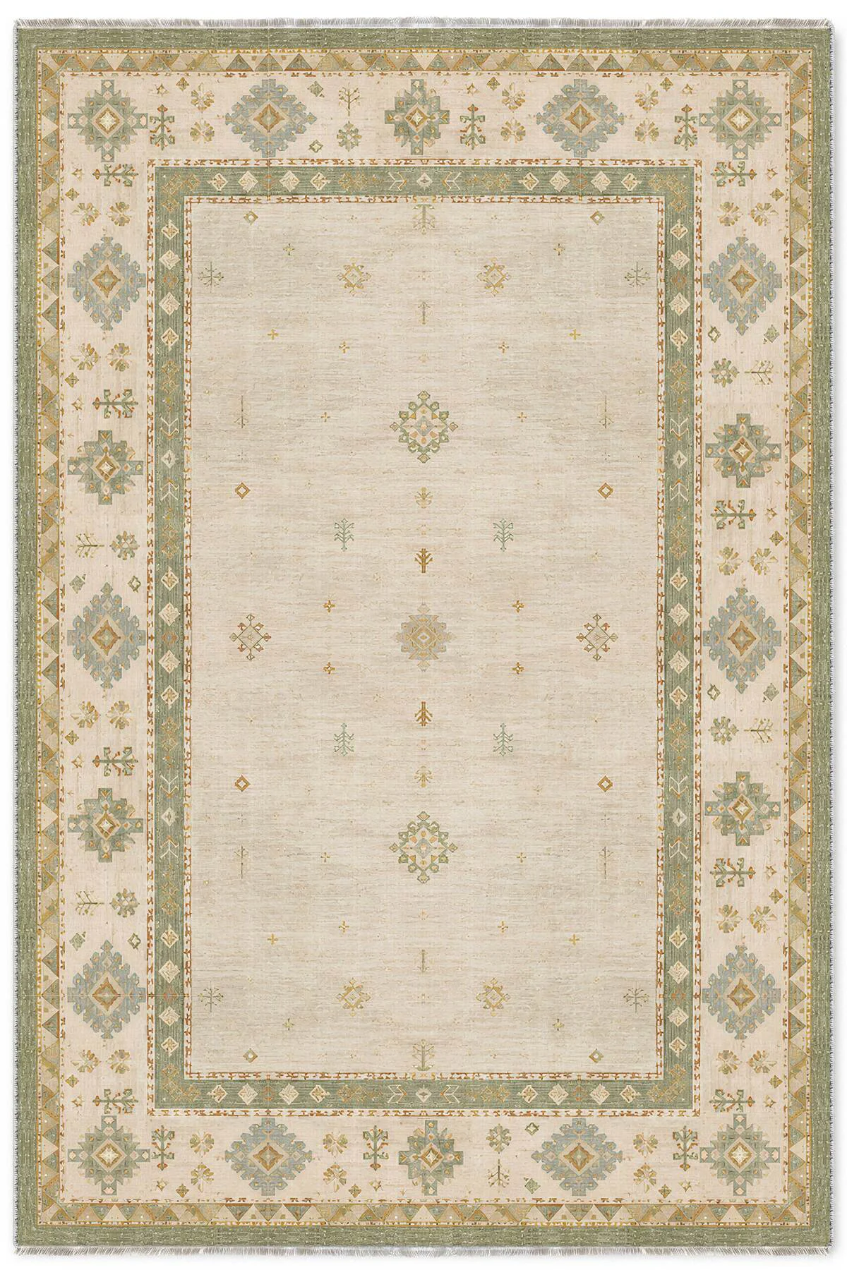Bej Yeşil Anadolu Kilim Şönil Halı Kaymaz Yıkanabilir Yolluk
