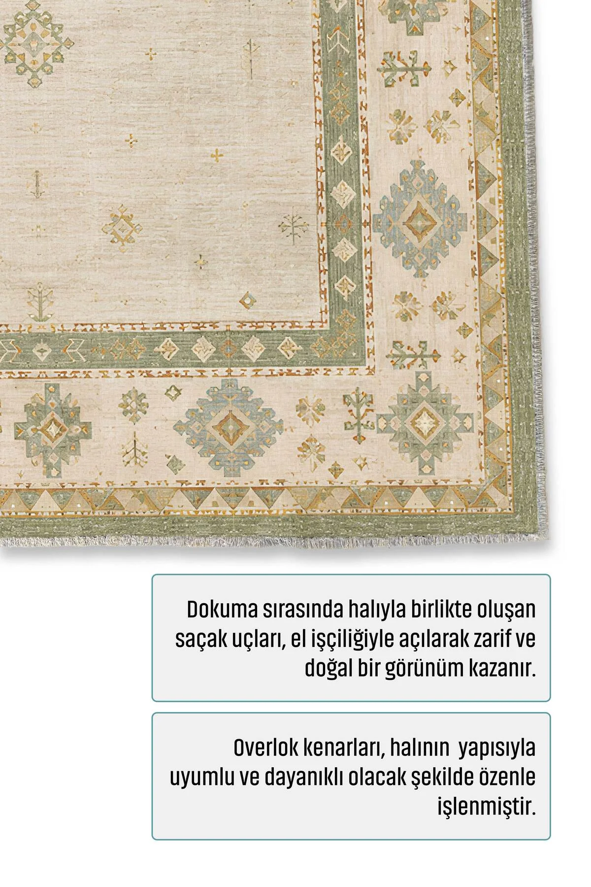 Bej Yeşil Anadolu Kilim Şönil Halı Kaymaz Yıkanabilir Yolluk