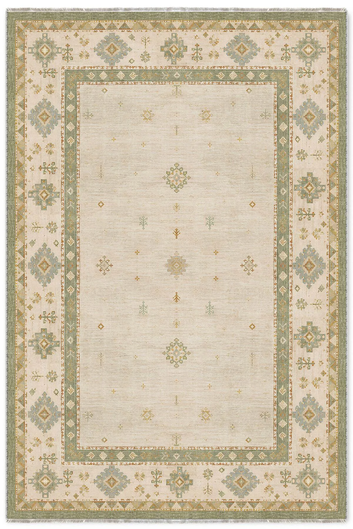 Bej Yeşil Anadolu Kilim Şönil Halı Kaymaz Yıkanabilir Yolluk