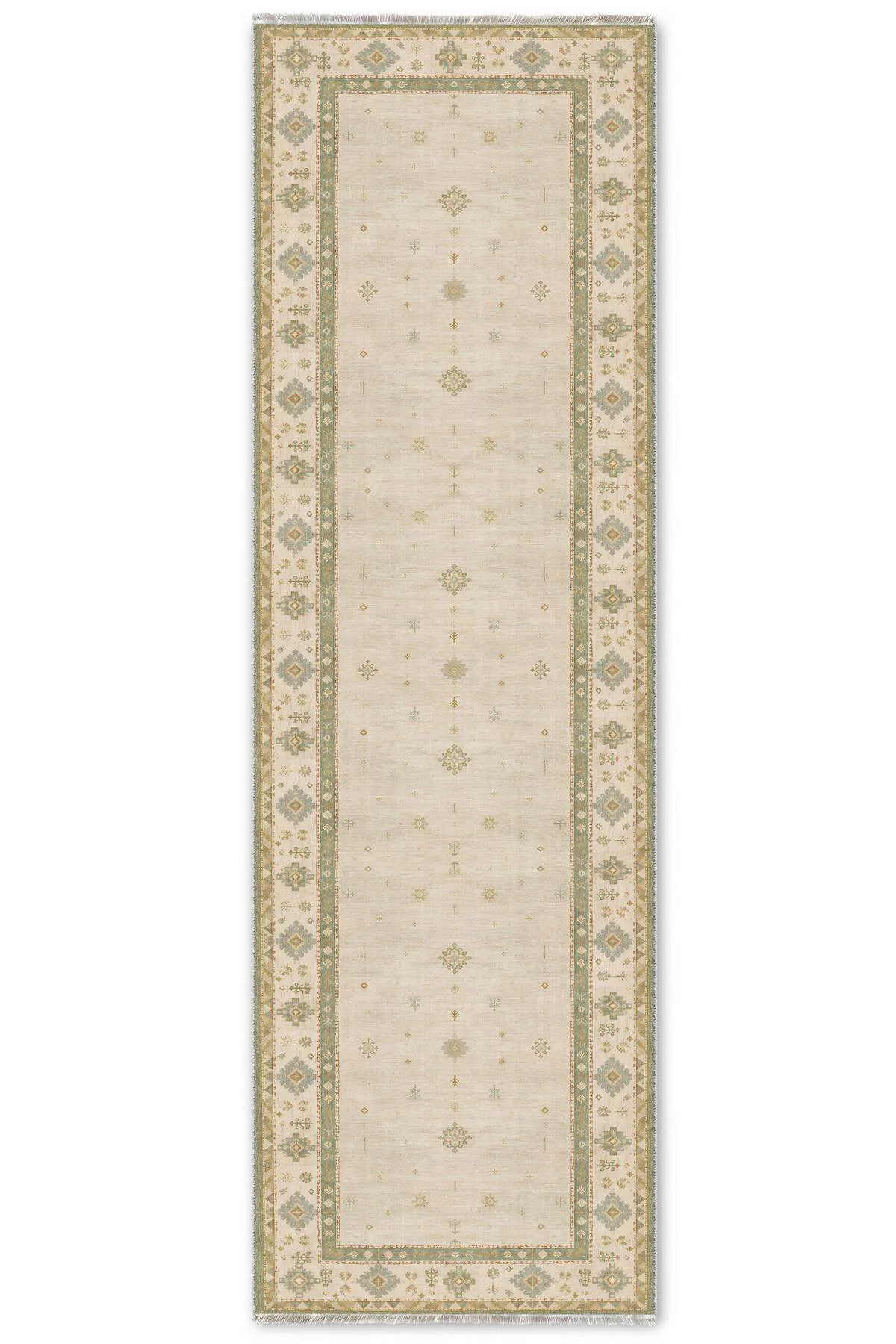 Bej Yeşil Anadolu Kilim Şönil Halı Kaymaz Yıkanabilir Yolluk