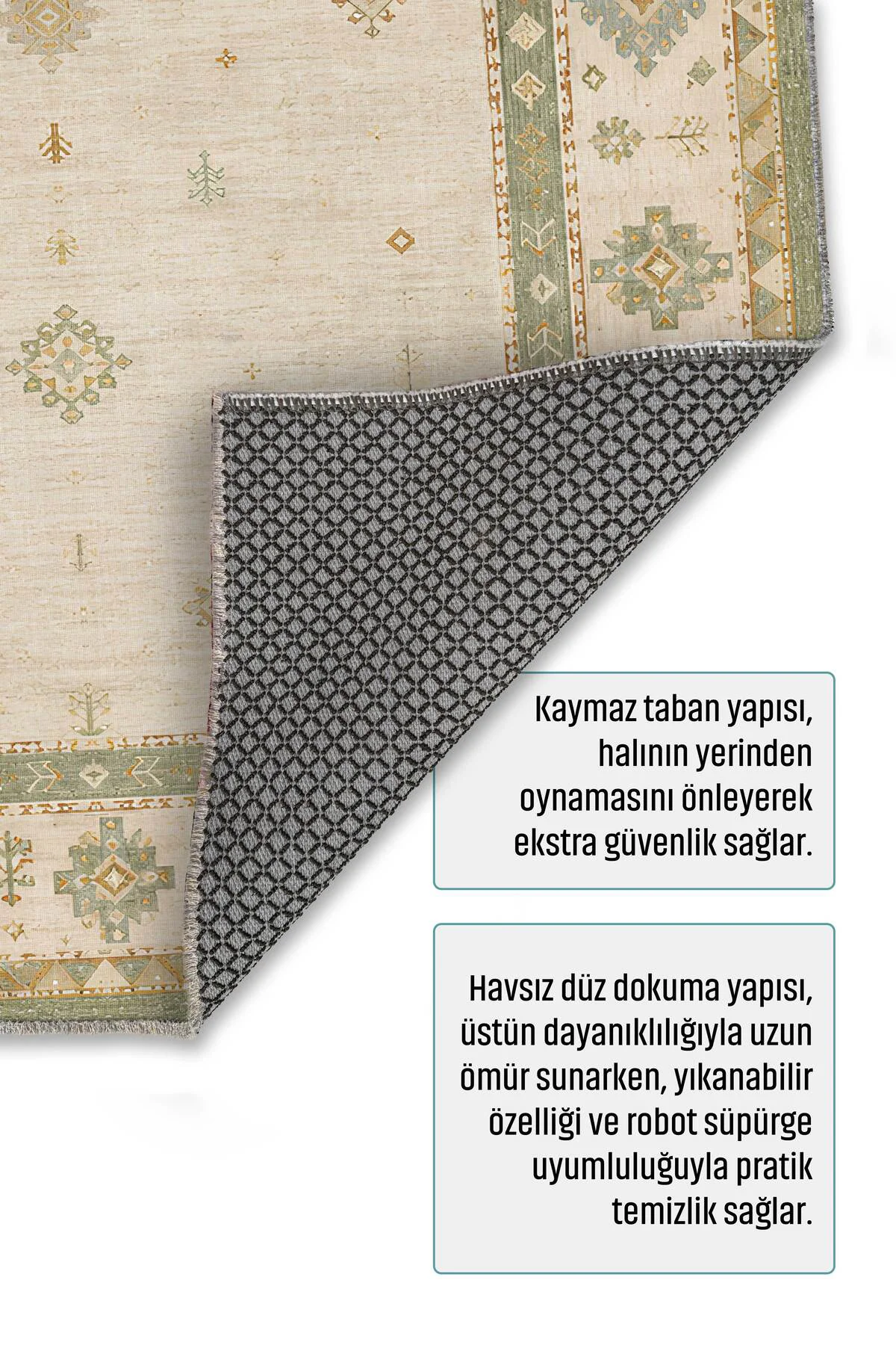 Bej Yeşil Anadolu Kilim Şönil Halı Kaymaz Yıkanabilir Yolluk