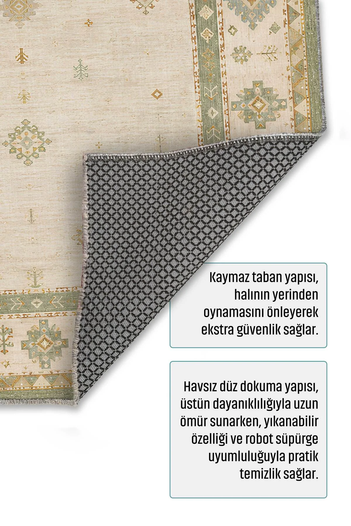 Bej Yeşil Anadolu Kilim Şönil Halı Kaymaz Yıkanabilir Yolluk