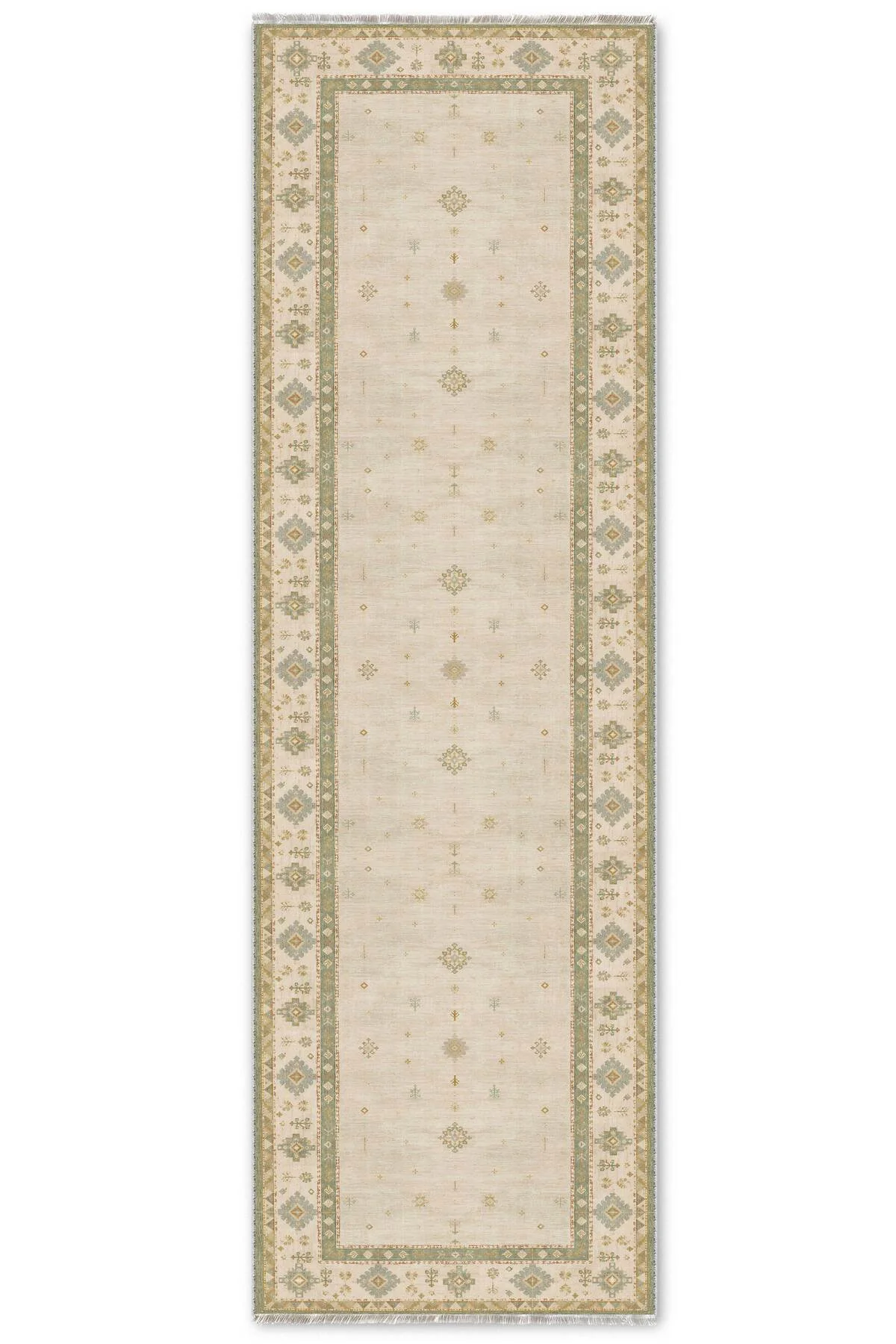 Bej Yeşil Anadolu Kilim Şönil Halı Kaymaz Yıkanabilir Yolluk