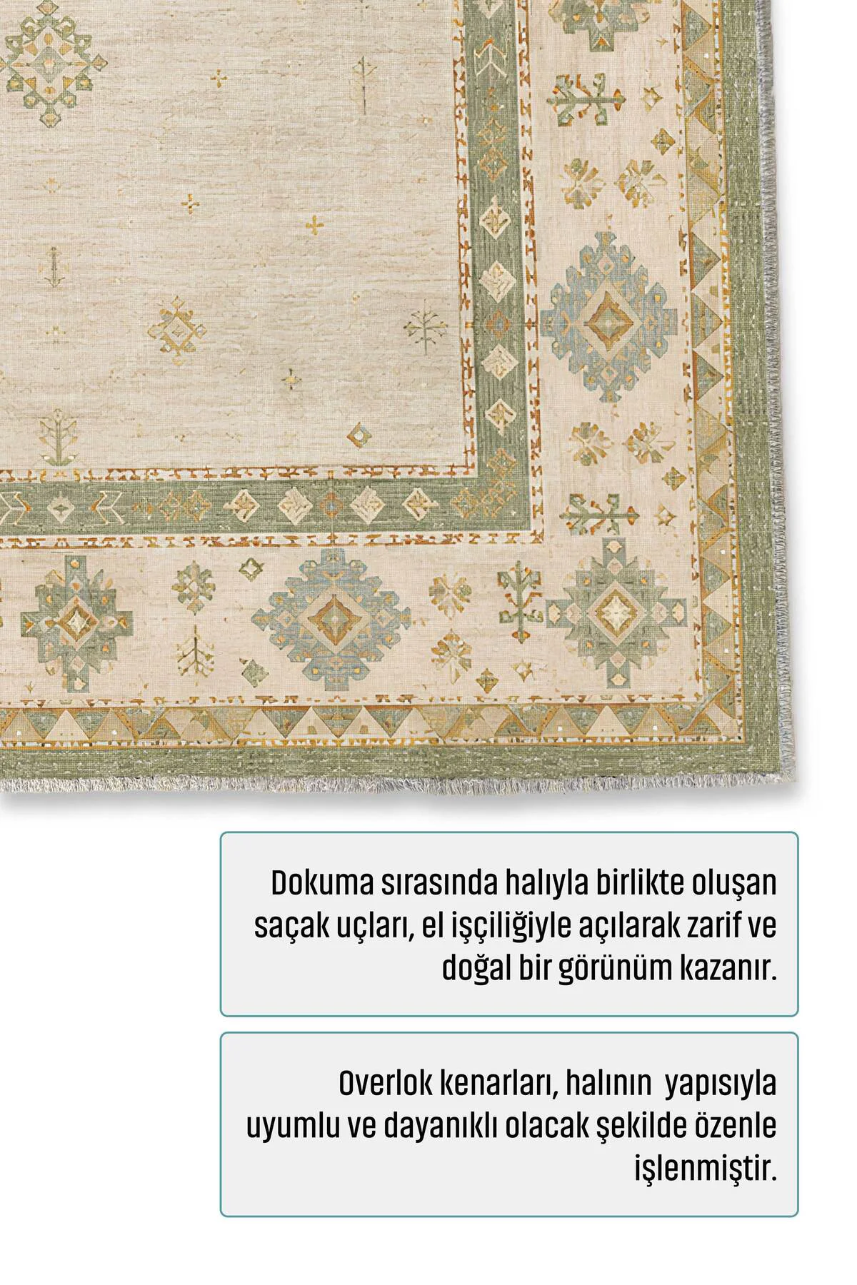 Bej Yeşil Anadolu Kilim Şönil Halı Kaymaz Yıkanabilir Yolluk