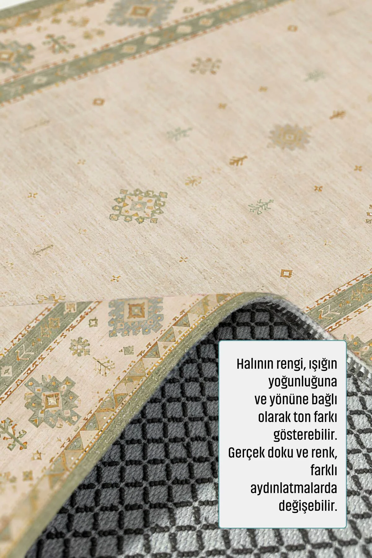 Bej Yeşil Anadolu Kilim Şönil Halı Kaymaz Yıkanabilir Yolluk
