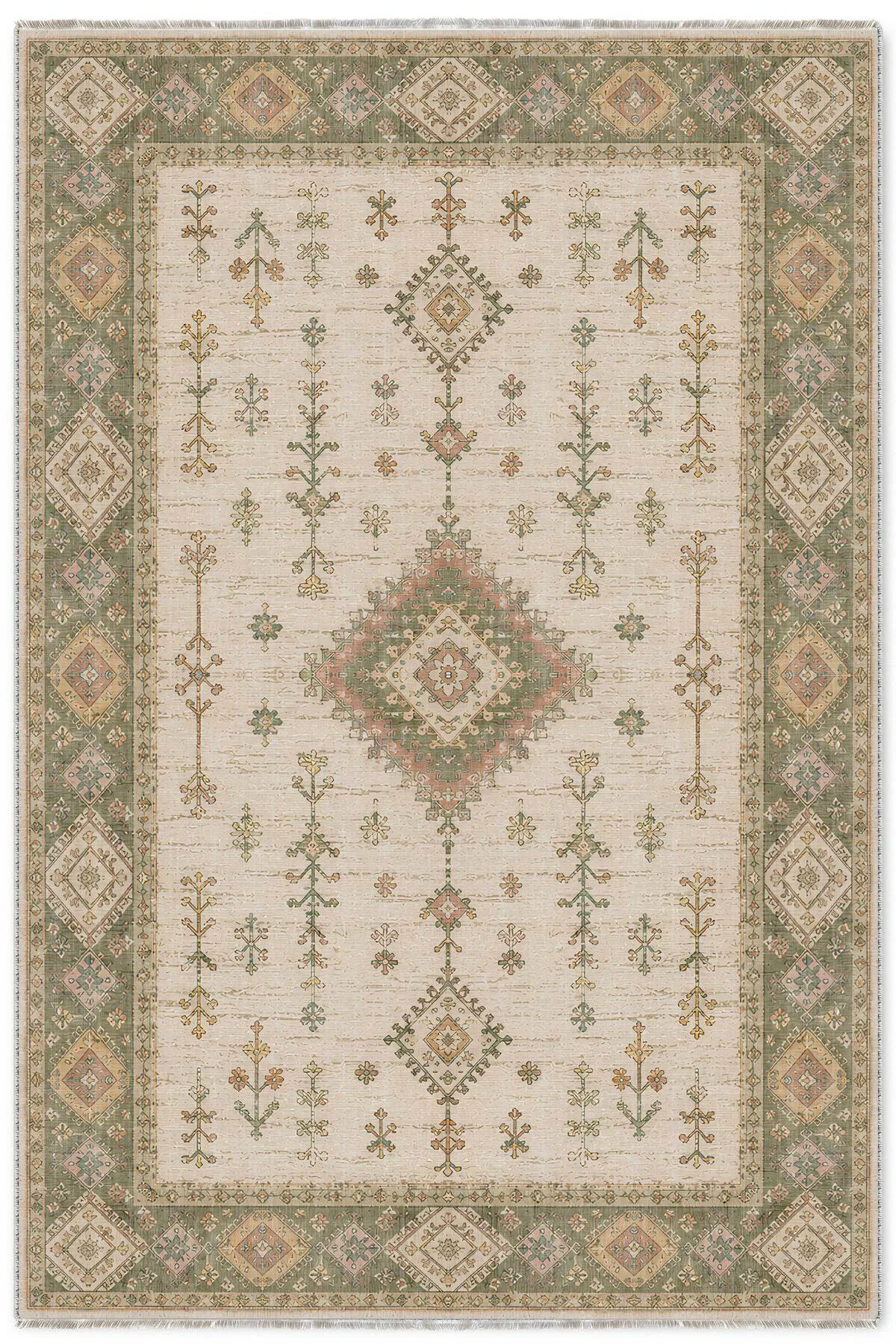 Bej Yeşil Etnik Şönil Halı Kilim Yolluk Kaymaz Yıkanabilir