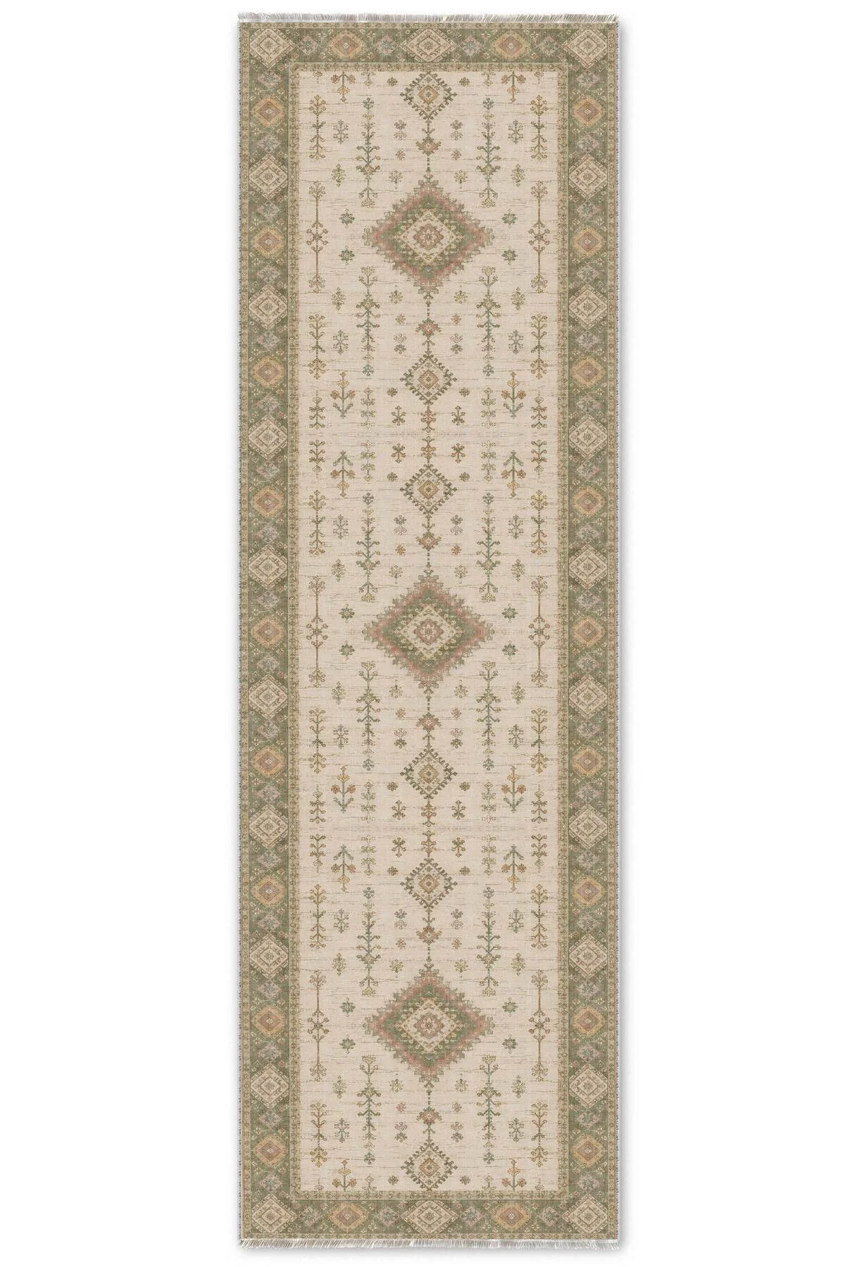 Bej Yeşil Etnik Şönil Halı Kilim Yolluk Kaymaz Yıkanabilir