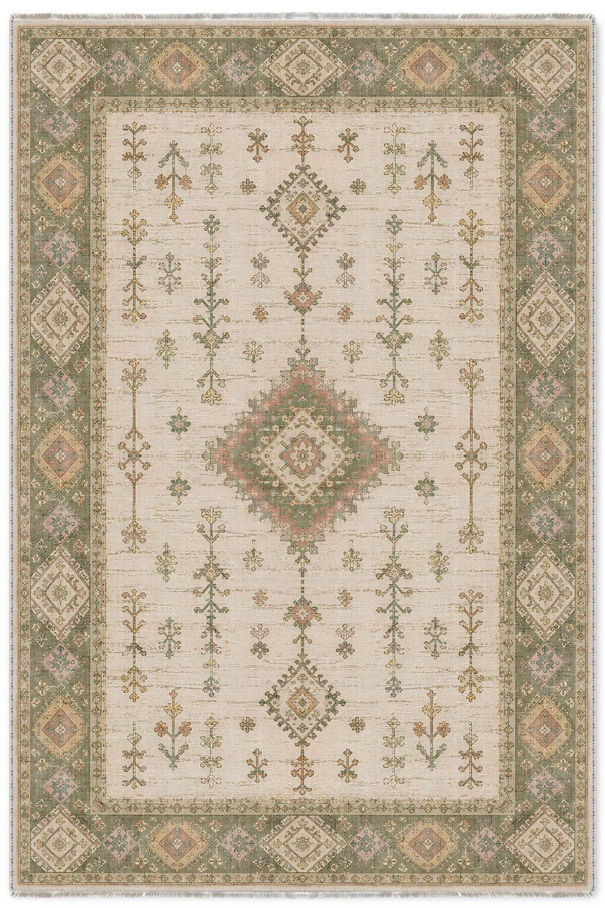 Bej Yeşil Etnik Şönil Halı Kilim Yolluk Kaymaz Yıkanabilir