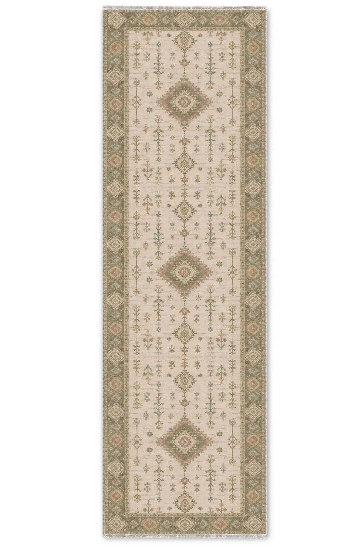 Bej Yeşil Etnik Şönil Halı Kilim Yolluk Kaymaz Yıkanabilir