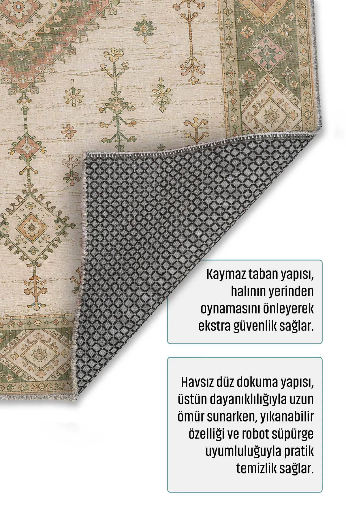 Bej Yeşil Etnik Şönil Halı Kilim Yolluk Kaymaz Yıkanabilir