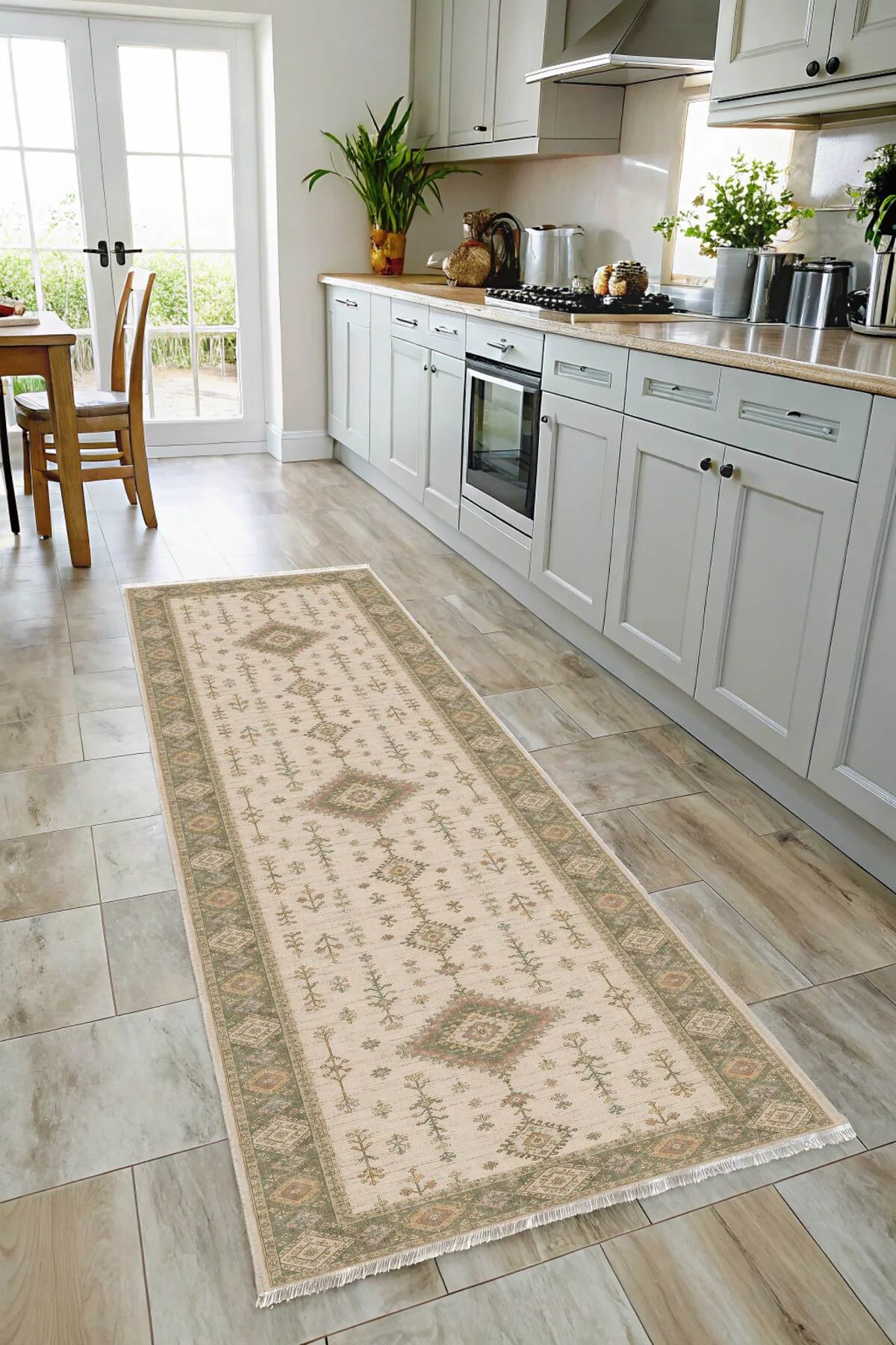 Bej Yeşil Etnik Şönil Halı Kilim Yolluk Kaymaz Yıkanabilir