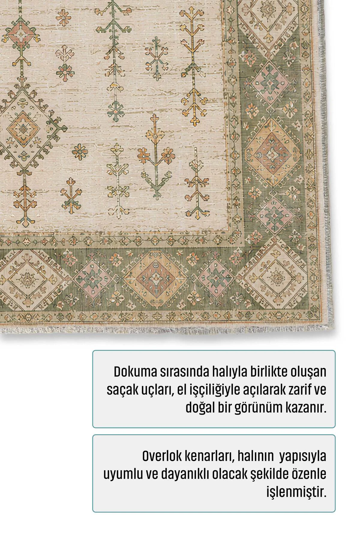 Bej Yeşil Etnik Şönil Halı Kilim Yolluk Kaymaz Yıkanabilir