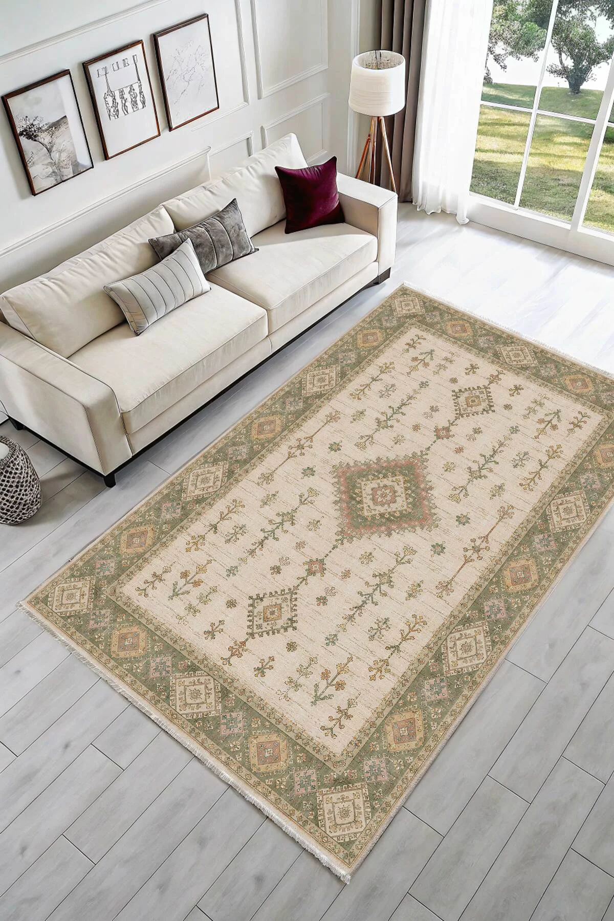 Bej Yeşil Etnik Şönil Halı Kilim Yolluk Kaymaz Yıkanabilir