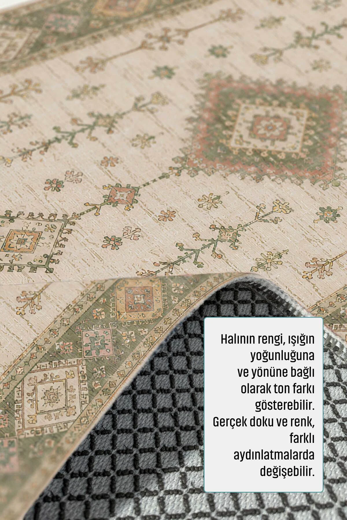 Bej Yeşil Etnik Şönil Halı Kilim Yolluk Kaymaz Yıkanabilir