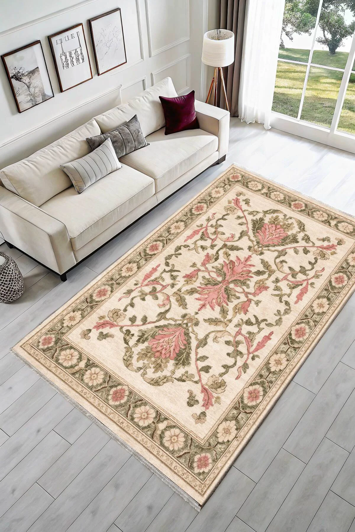 Bej Yeşil Pembe Klasik Şönil Halı Kilim Yolluk Kaymaz Yıkanabilir