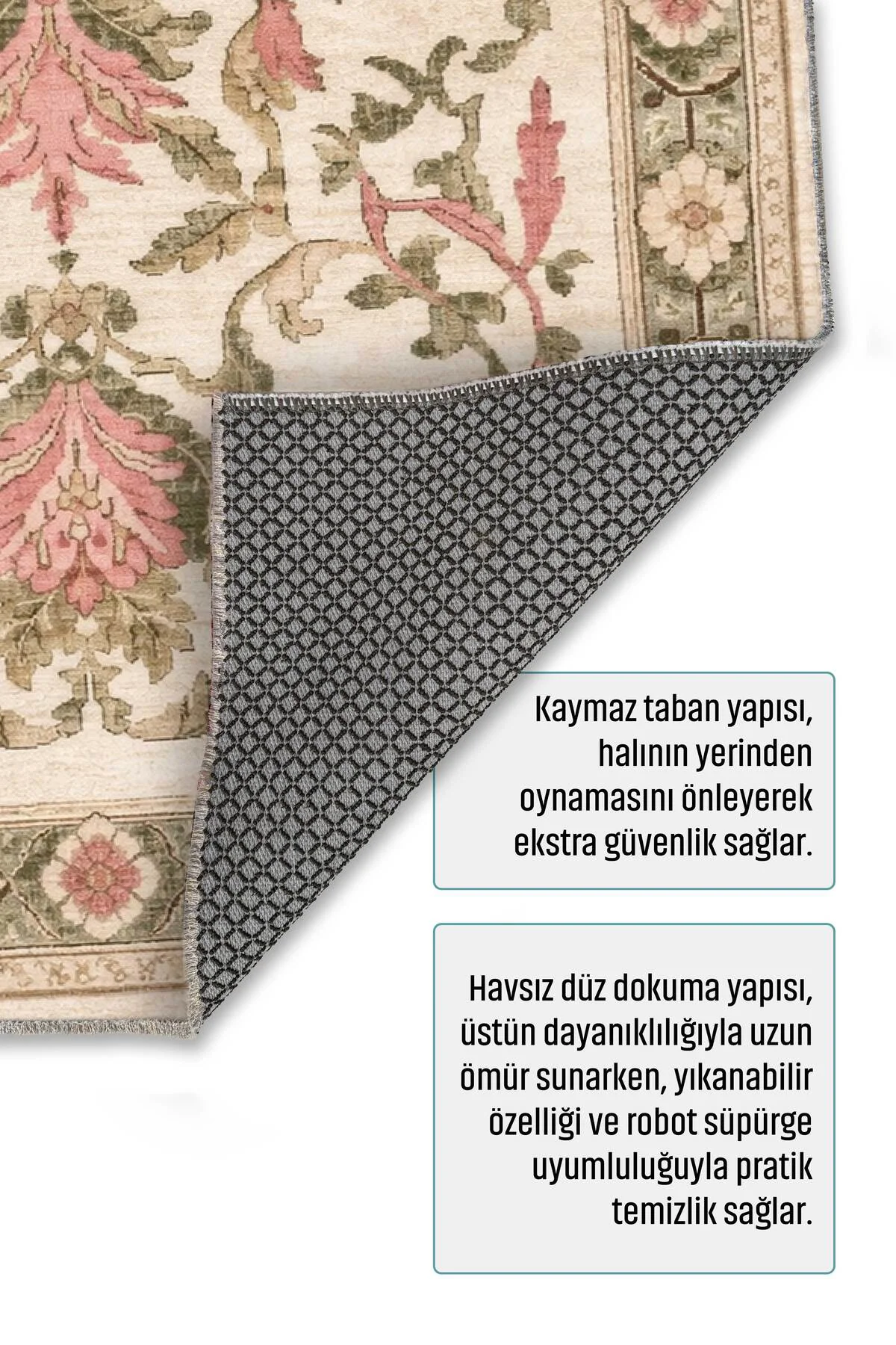 Bej Yeşil Pembe Klasik Şönil Halı Kilim Yolluk Kaymaz Yıkanabilir