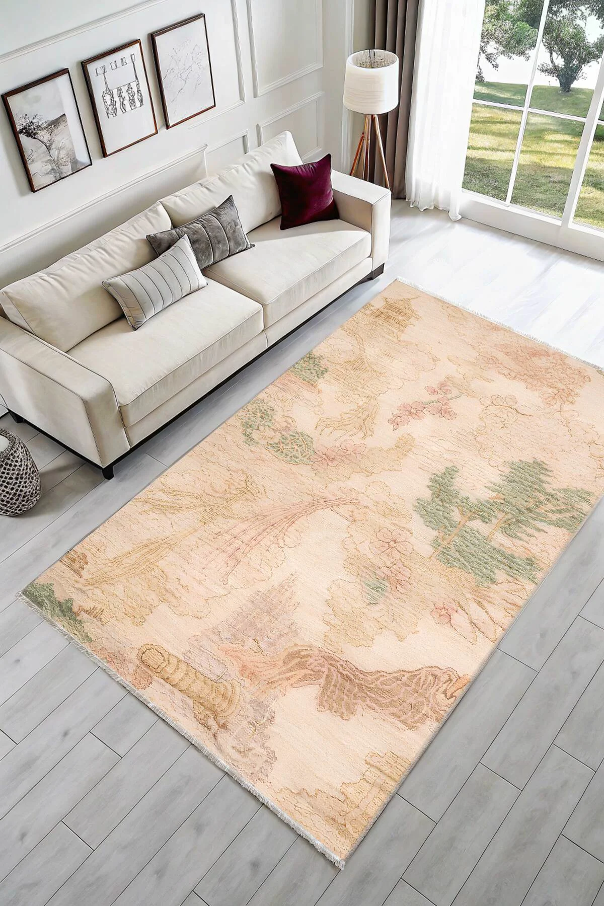 Bej Yeşil Pembe Retro Japon Modeli Şönil Halı Kilim Yolluk Kaymaz