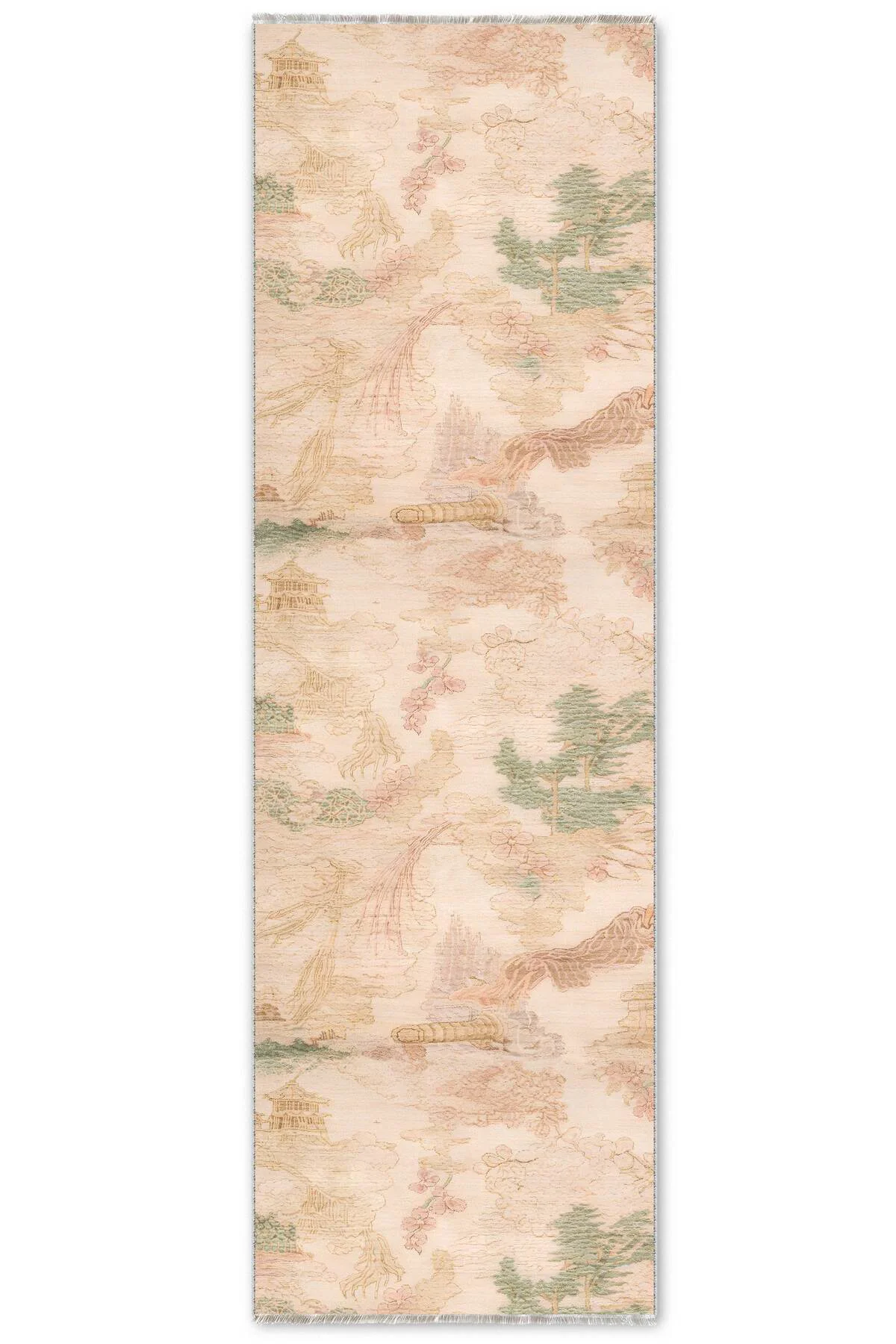 Bej Yeşil Pembe Retro Japon Modeli Şönil Halı Kilim Yolluk Kaymaz