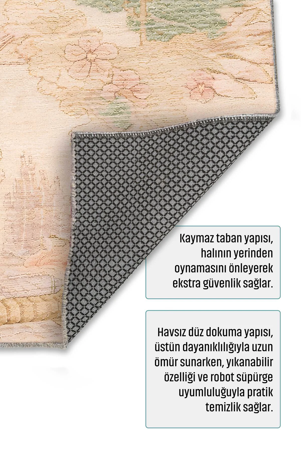 Bej Yeşil Pembe Retro Japon Modeli Şönil Halı Kilim Yolluk Kaymaz