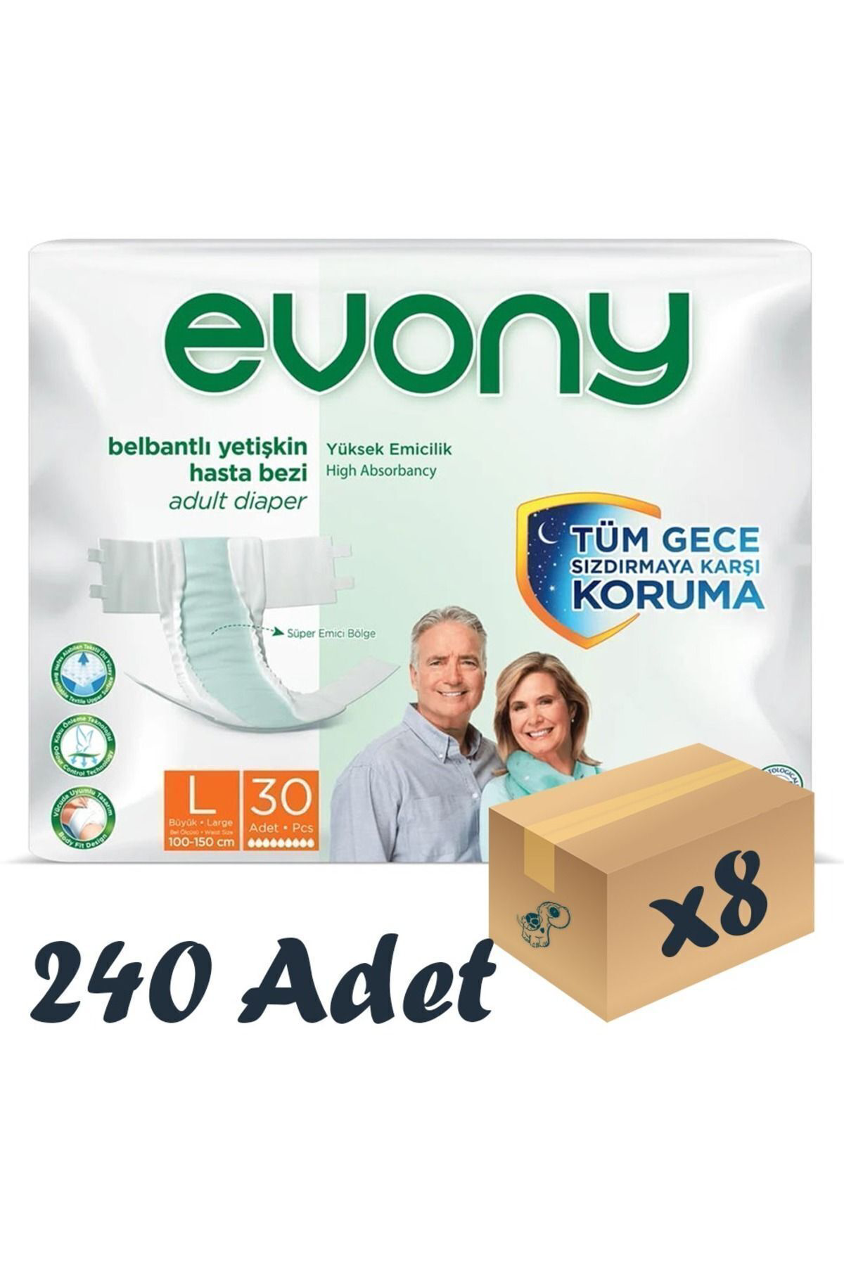 Evony Bel Bantlı Yetişkin Hasta Bezi Large 30'Lu 8 Paket 240 Adet