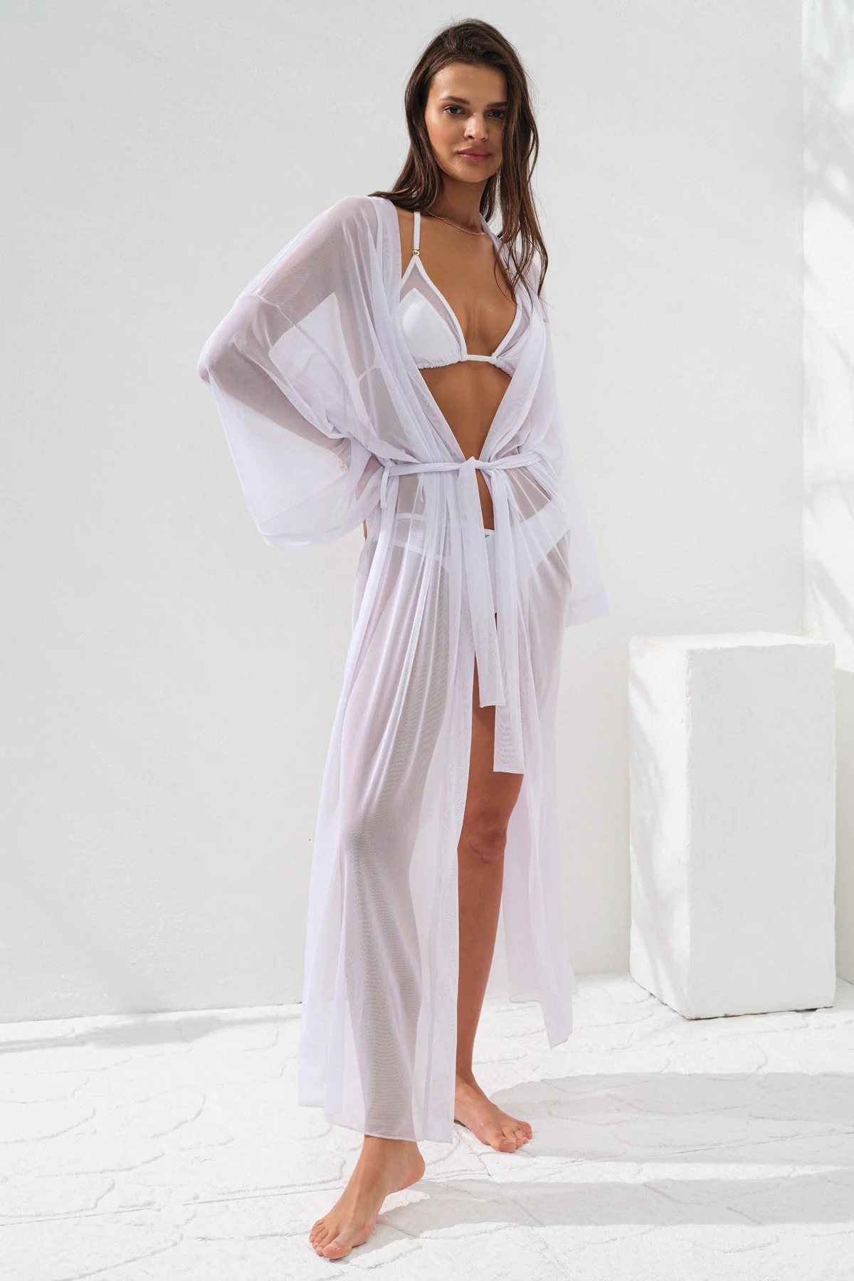 Belden Bağlamalı Uzun Kimono Beyaz 231812