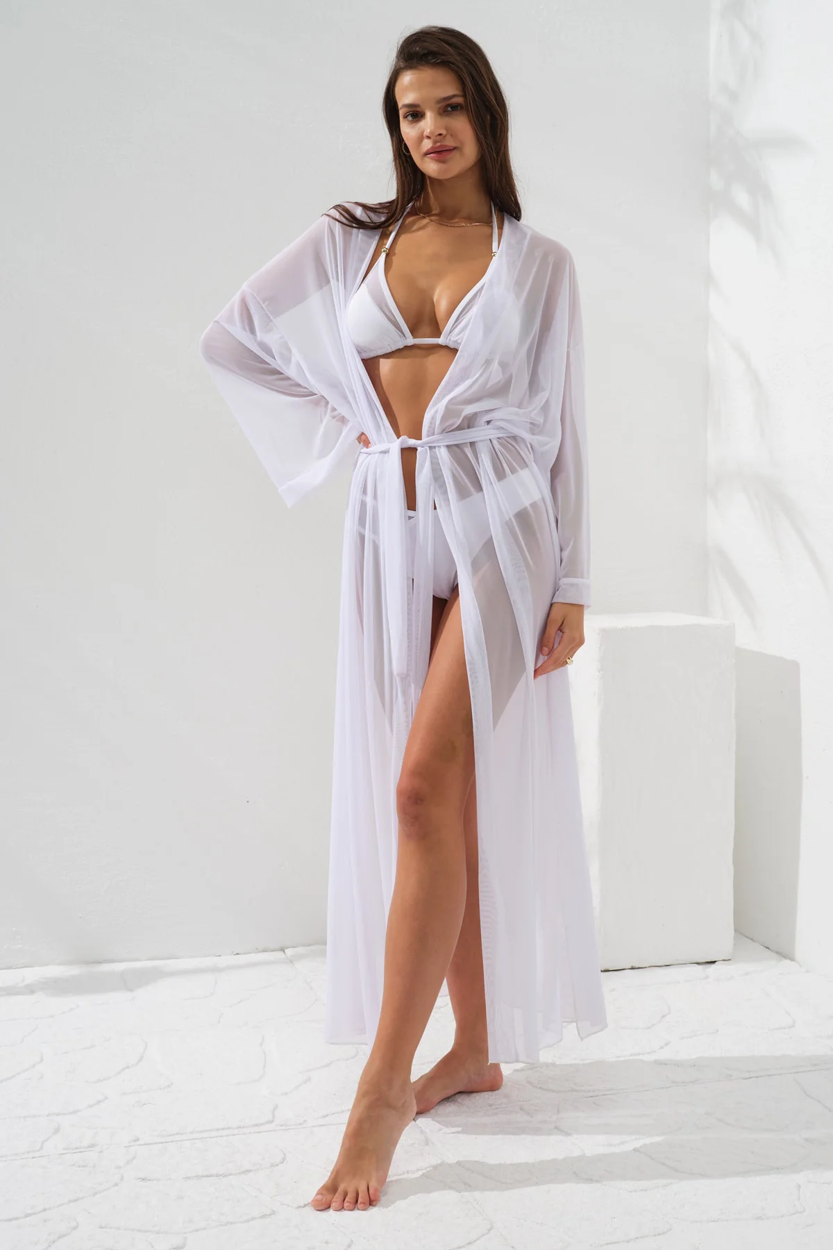 Belden Bağlamalı Uzun Kimono Beyaz 231812
