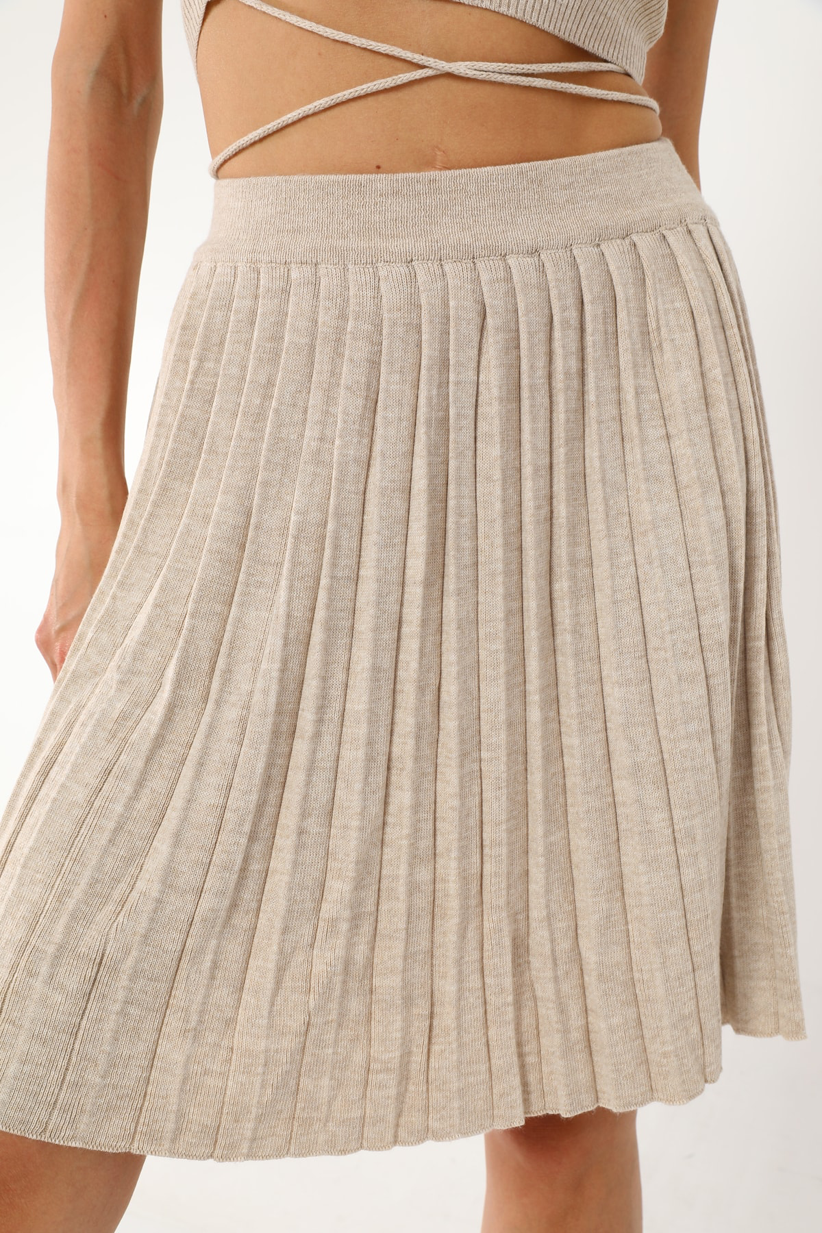 Dreamlike Beli Lastikli Pliseli Rahat Ve Şık Triko Diz Üstü Etek