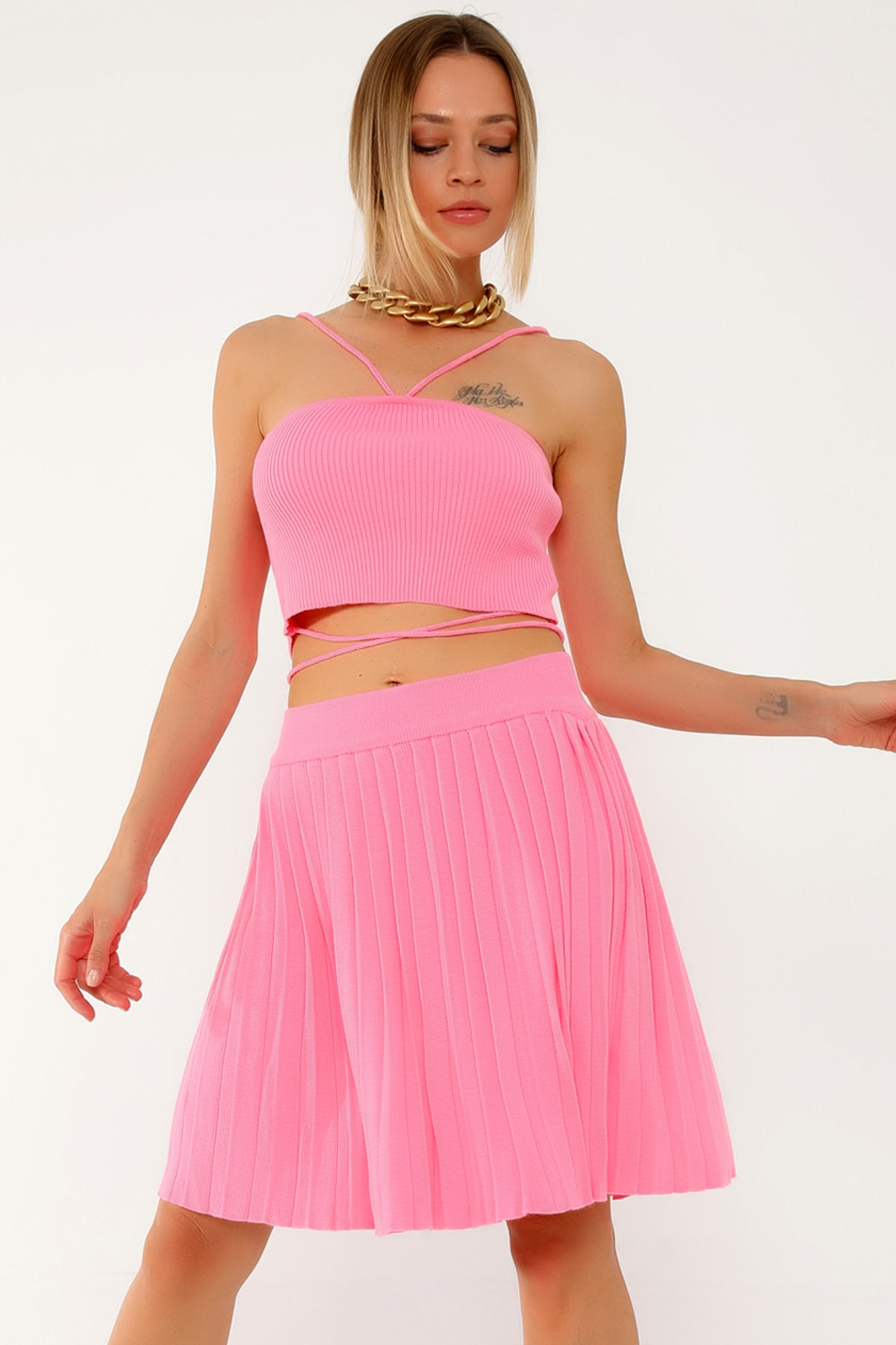 Dreamlike Beli Lastikli Pliseli Rahat Ve Şık Triko Diz Üstü Etek