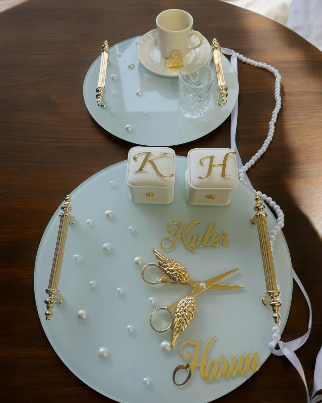 Cyzhome Beloved Gold Beyaz İncili Söz Tepsisi Nişan Tepsisi Ve Damat Kahv