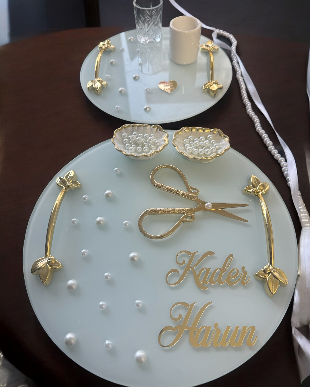 Cyzhome Beloved Gold Beyaz İncili Söz Tepsisi Nişan Tepsisi Ve Damat Kahv