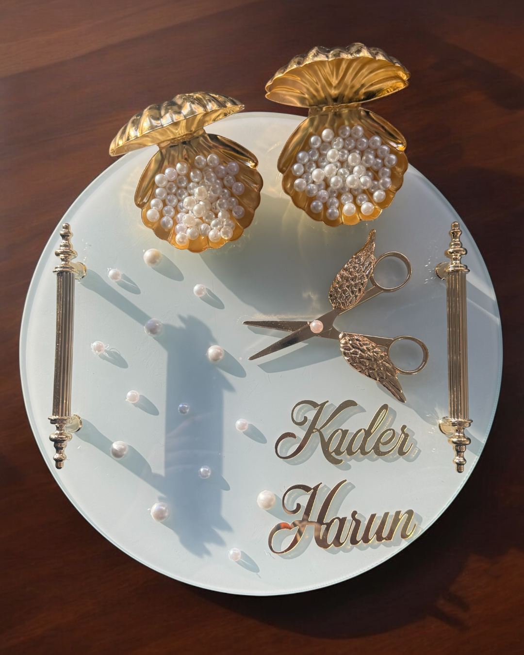 Cyzhome Beloved Gold Beyaz İncili Söz Tepsisi Nişan Tepsisi Ve Damat Kahv