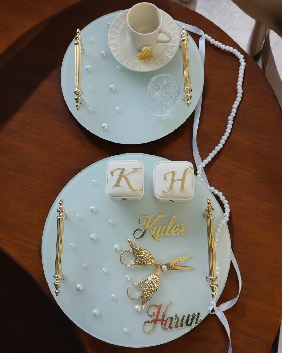 Cyzhome Beloved Gold Beyaz İncili Söz Tepsisi Nişan Tepsisi Ve Damat Kahv