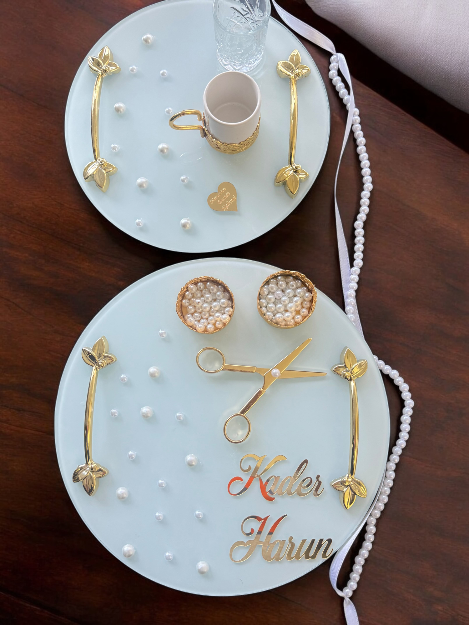 Cyzhome Beloved Gold Beyaz İncili Söz Tepsisi Nişan Tepsisi Ve Damat Kahv