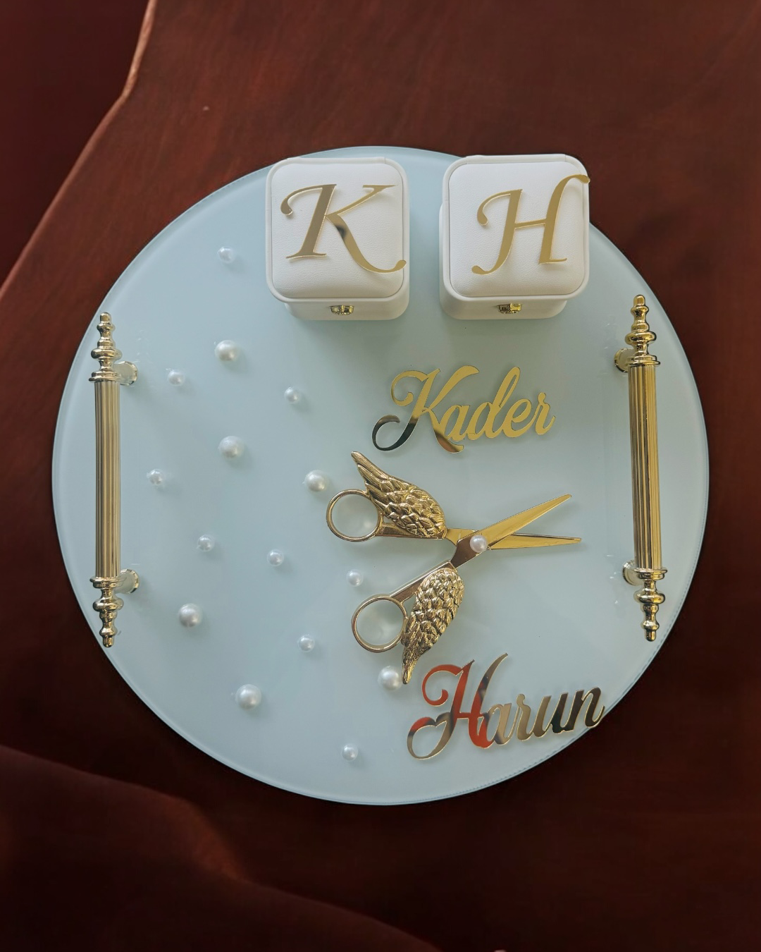 Cyzhome Beloved Gold Beyaz İncili Söz Tepsisi Nişan Tepsisi Ve Damat Kahv