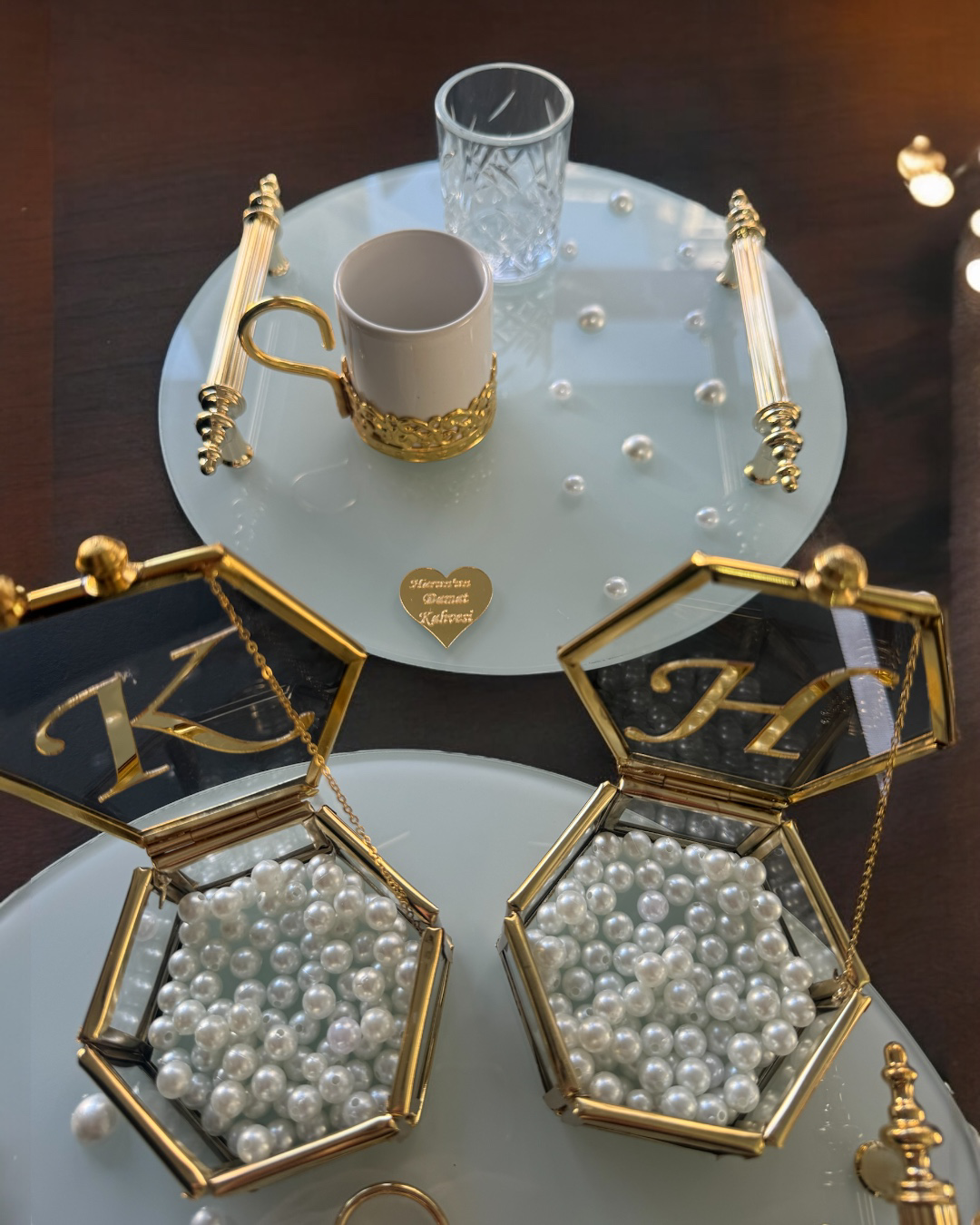 Cyzhome Beloved Gold Beyaz İncili Söz Tepsisi Nişan Tepsisi Ve Damat Kahv
