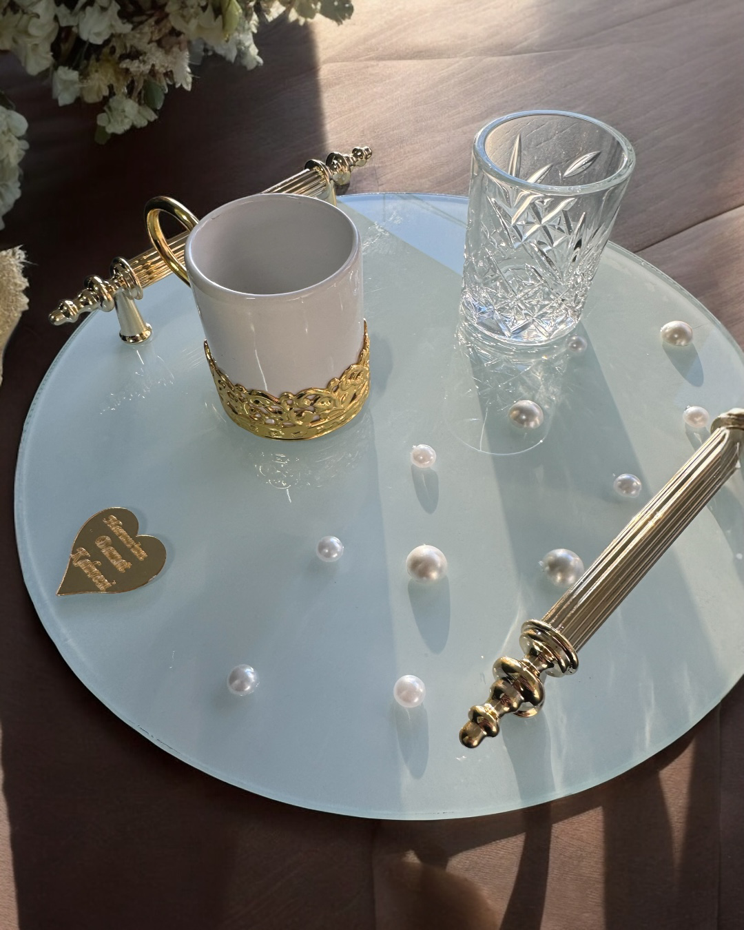 Cyzhome Beloved Gold Beyaz İncili Söz Tepsisi Nişan Tepsisi Ve Damat Kahv