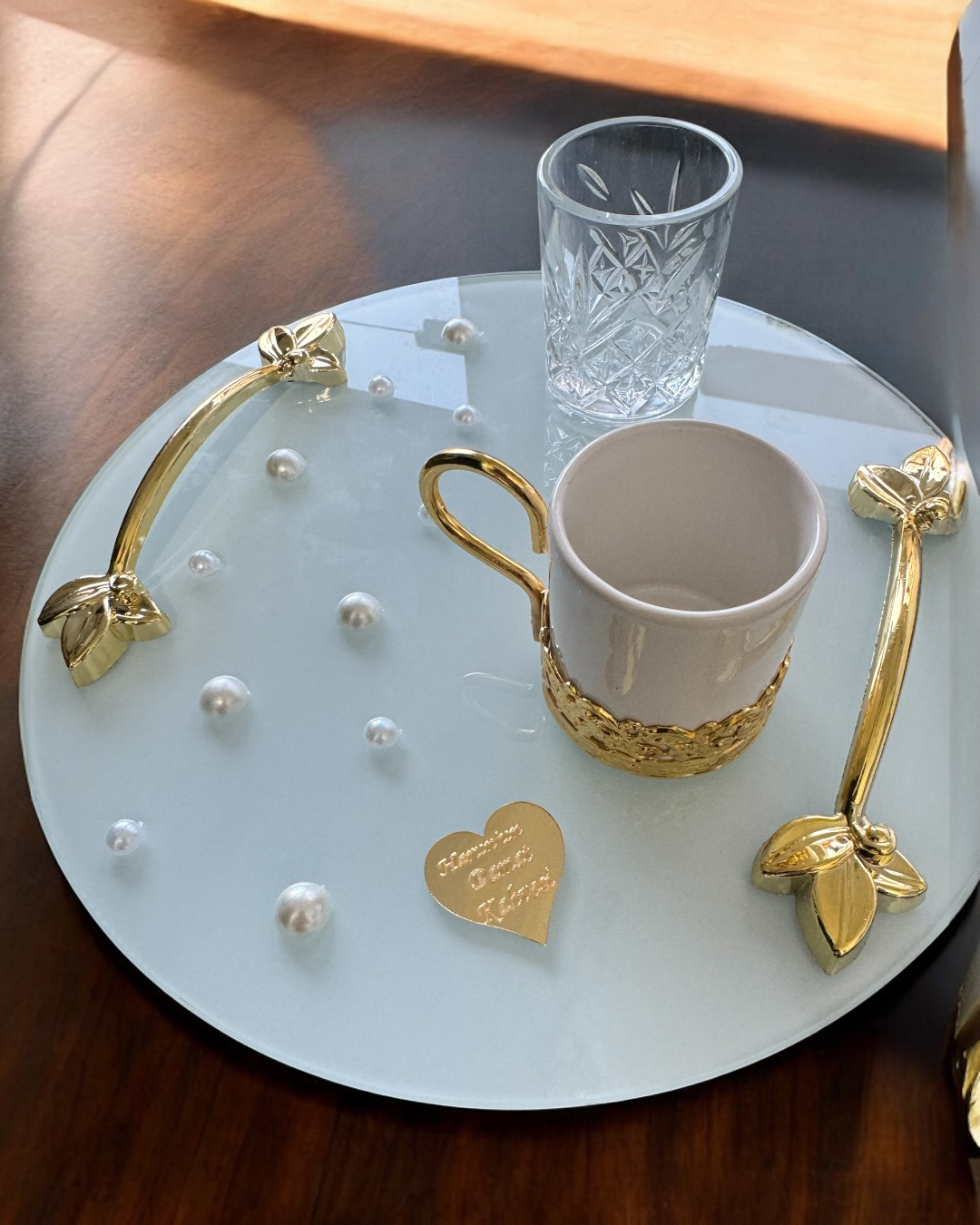 Cyzhome Beloved Gold Beyaz İncili Söz Tepsisi Nişan Tepsisi Ve Damat Kahv