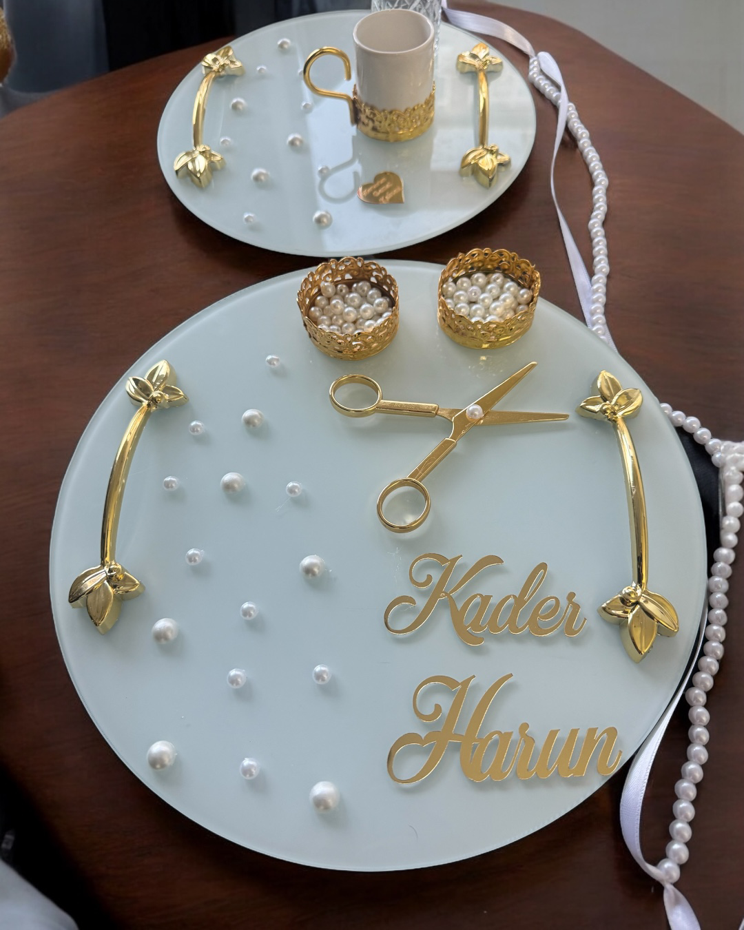 Cyzhome Beloved Gold Beyaz İncili Söz Tepsisi Nişan Tepsisi Ve Damat Kahv