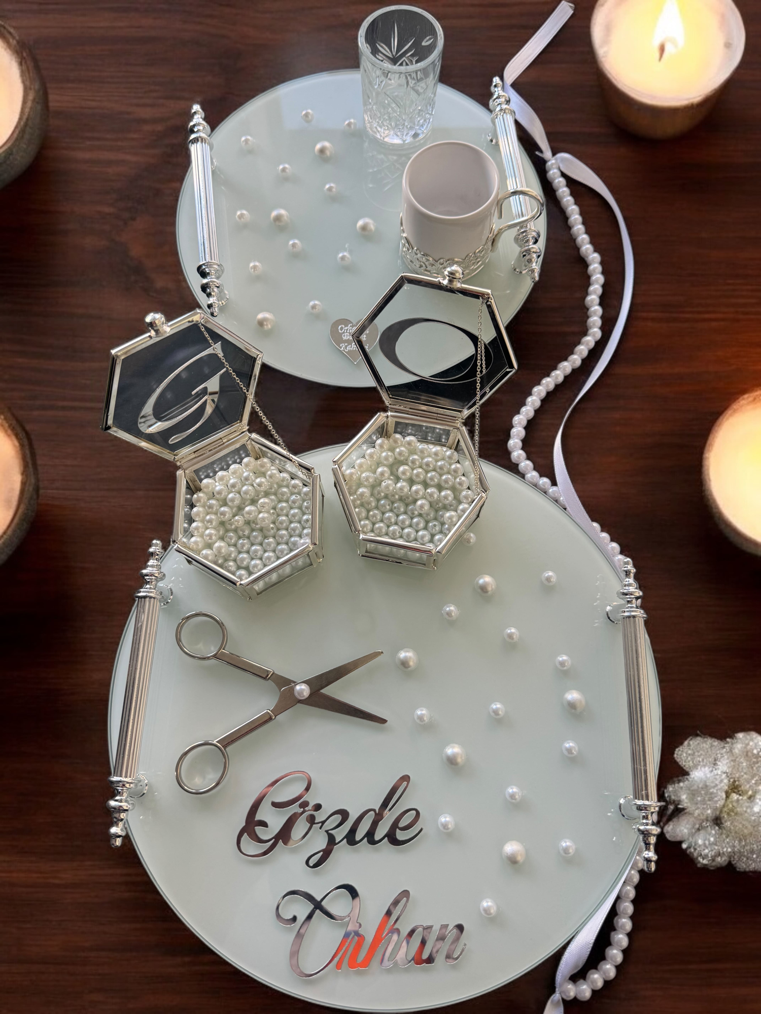Cyzhome Beloved Gümüş Beyaz İncili Söz Tepsisi Nişan Tepsisi Ve Damat Kah