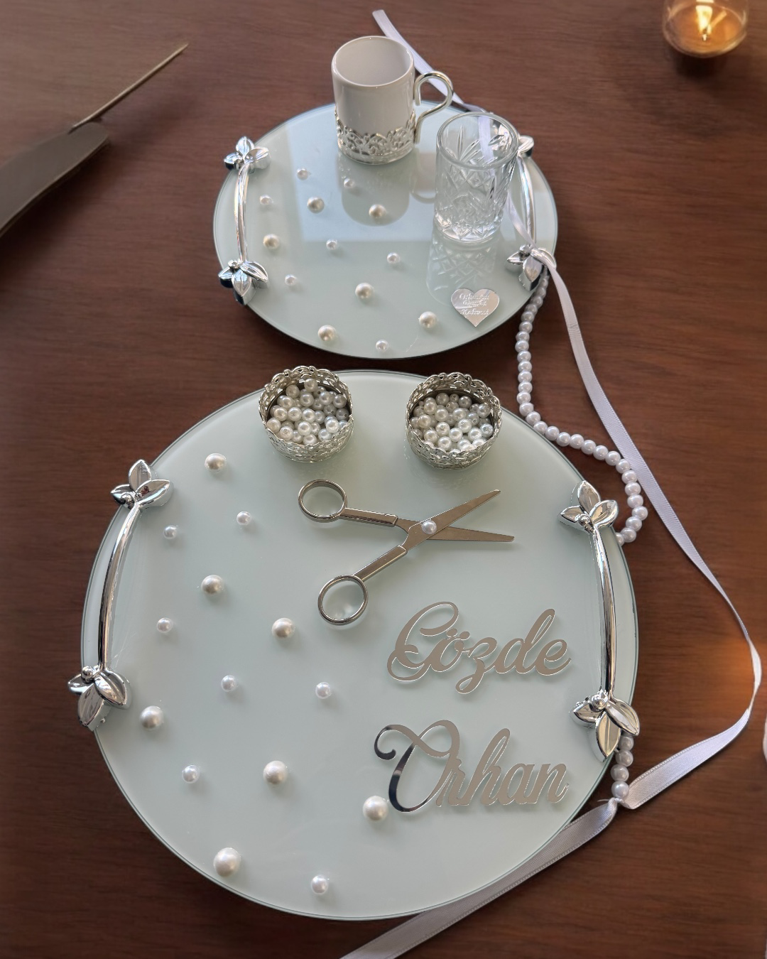 Cyzhome Beloved Gümüş Beyaz İncili Söz Tepsisi Nişan Tepsisi Ve Damat Kah