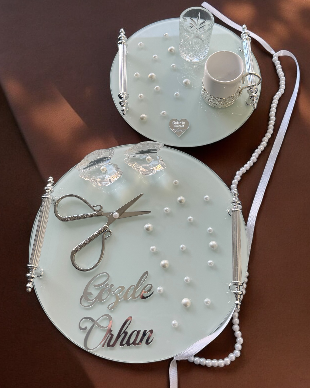 Cyzhome Beloved Gümüş Beyaz İncili Söz Tepsisi Nişan Tepsisi Ve Damat Kah