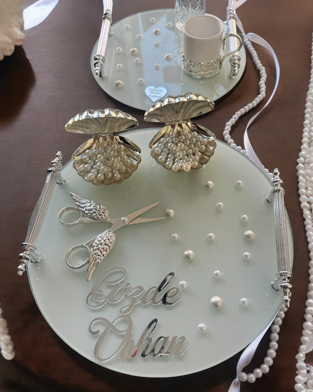 Cyzhome Beloved Gümüş Beyaz İncili Söz Tepsisi Nişan Tepsisi Ve Damat Kah