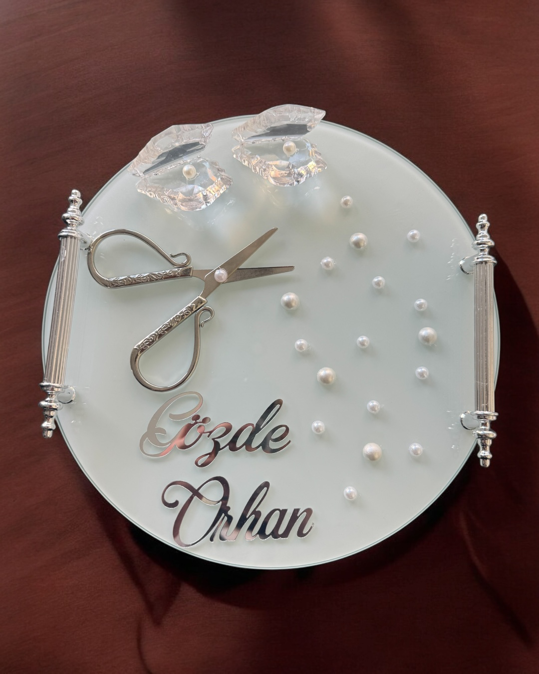 Cyzhome Beloved Gümüş Beyaz İncili Söz Tepsisi Nişan Tepsisi Ve Damat Kah