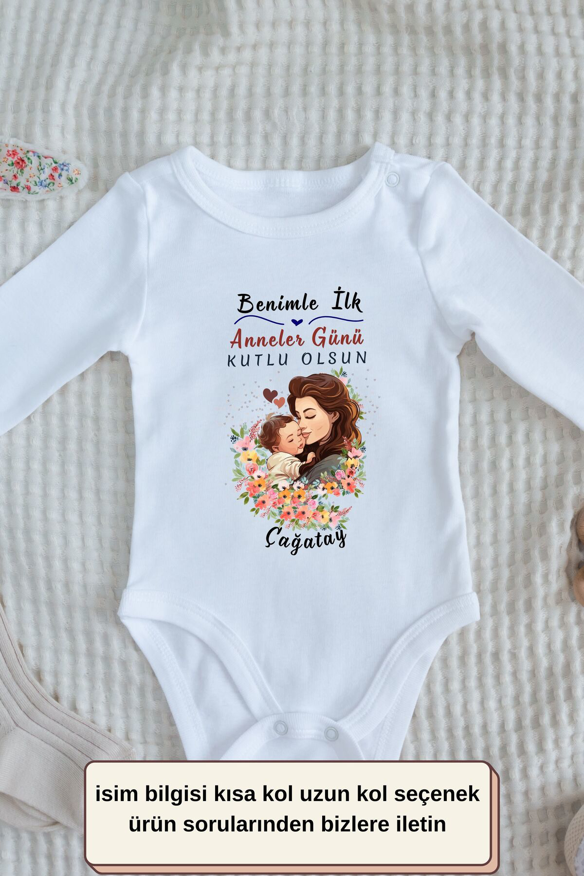 Benimle İlk Anneler Günü Yazılı Kişiye özel Bebek Zıbın - %100 Pa