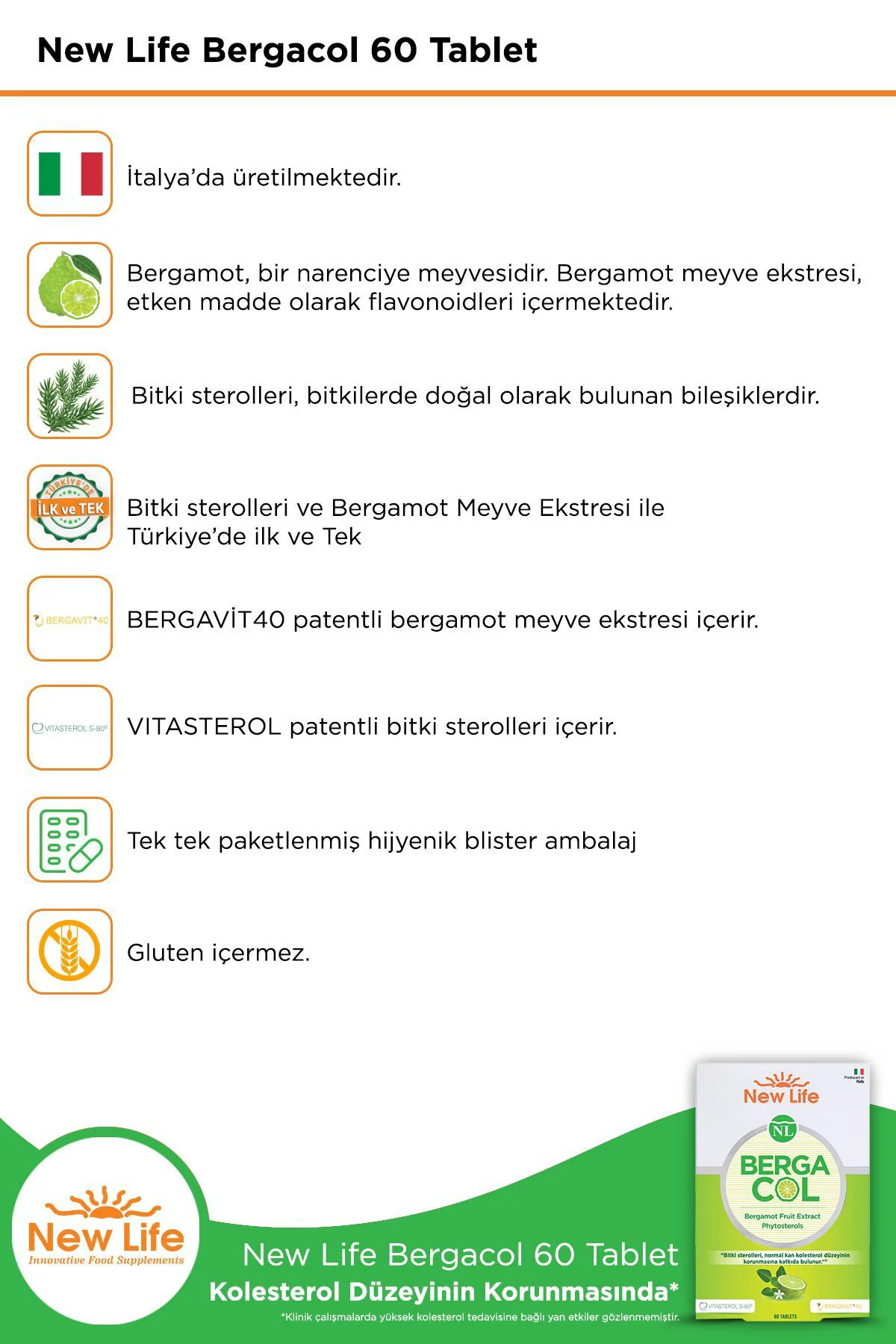 Bergacol 60 Tablet - Bergamot Meyve Ekstresi ve Bitki Sterolleri