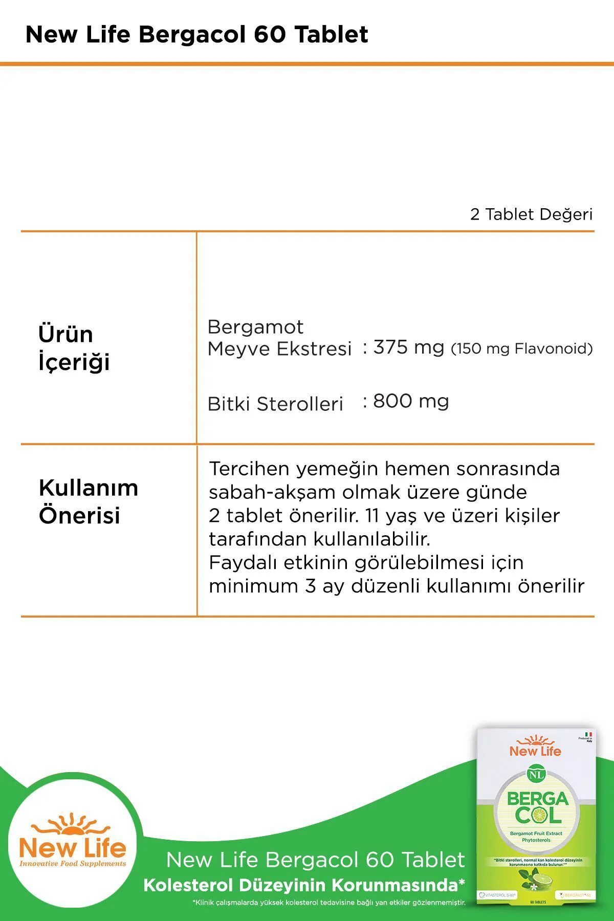 Bergacol 60 Tablet - Bergamot Meyve Ekstresi ve Bitki Sterolleri