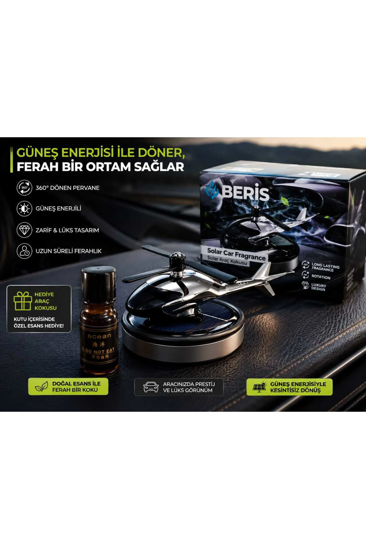 Beris Solar Araç Kokusu Helikopter Tasarımlı Koku hediyeli Güneş Enerjili Oto Kokusu Havalandırma