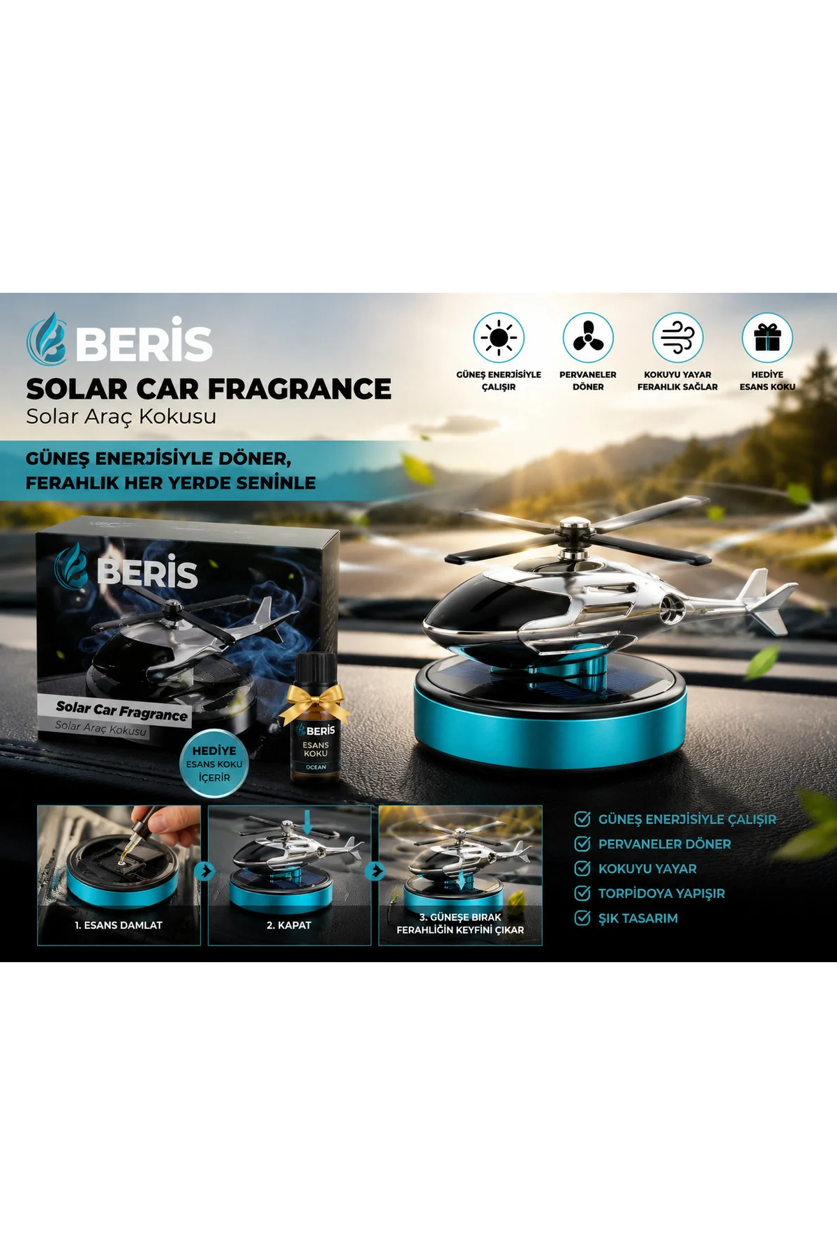 BERİS Solar Helikopter Araç Kokusu | Güneş Enerjili Dönen Pervaneli Araç Parfümü + Hediye Esanslı