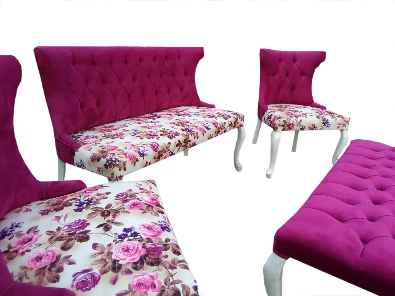 Berjer 12525 ÇAY SET Kayın ASLAN Ayak Model Parlak Beyaz Kapitone Babayface Kumaş