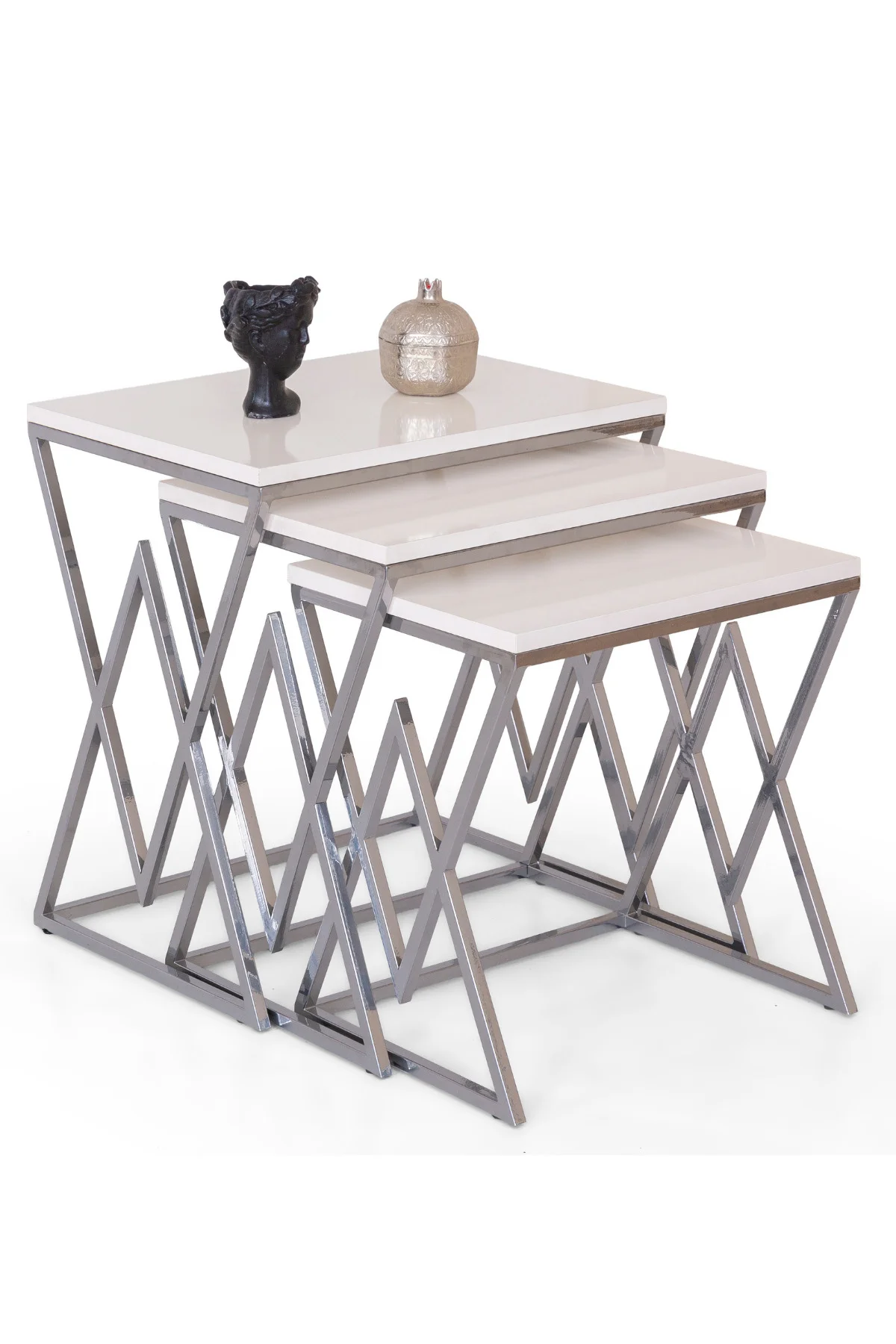 Berlin Gümüş Metal Ayaklı Krem Üst Tablalı Zigon Sehpa – 3’lü Mod